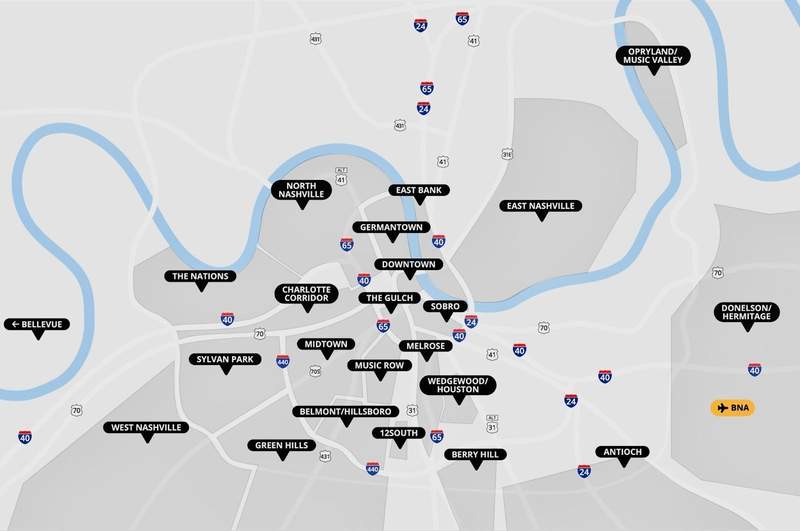 A simple map with Nashville neighborhood names shows location and identifies major highways. 