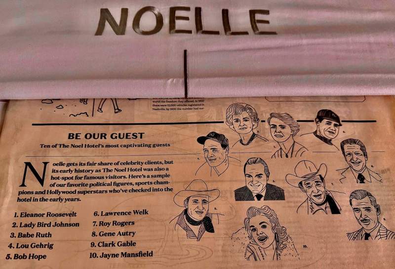 Half page from a newspaper shows 10 sketches of famous people who once stayed at the hotel including Babe Ruth, Eleanor Roosevelt and Clark Gable. 