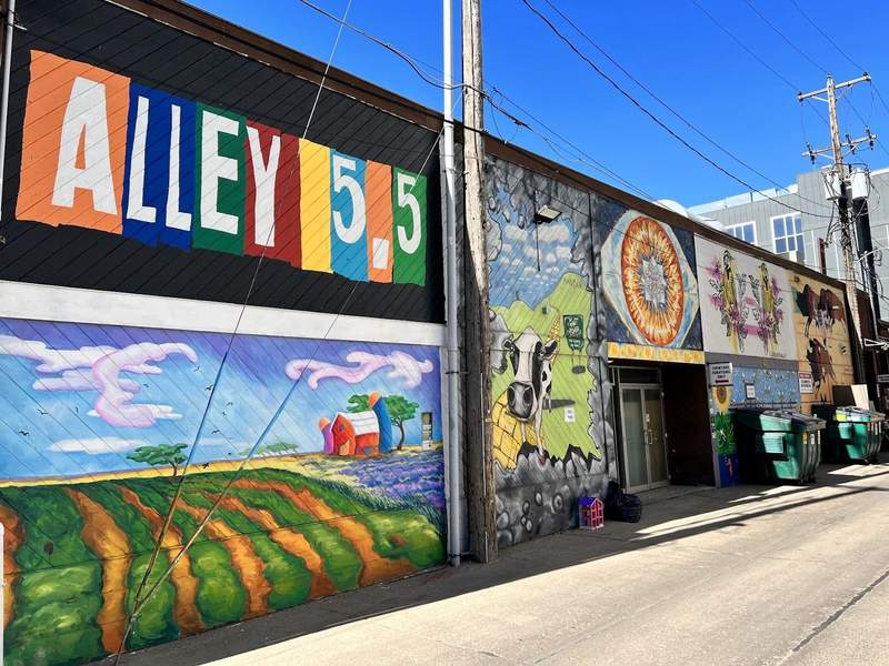 One side of an alley painted with several colorful murals. The largest is a impressionistic farm scene. The sign reads Alley 5.5.