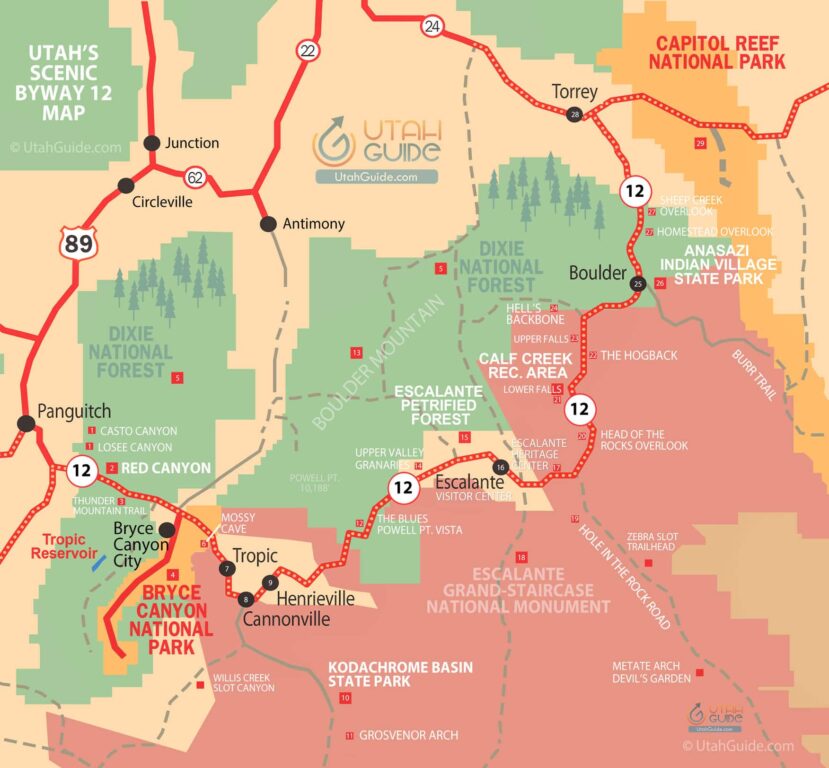Colorful map of Utah's Route 12 is one of the most scenic drives in the US. It goes from Bryce Canyon North to Torrey, home of Capitol Reef National Park and passes through Escalante and Boulder on the way.