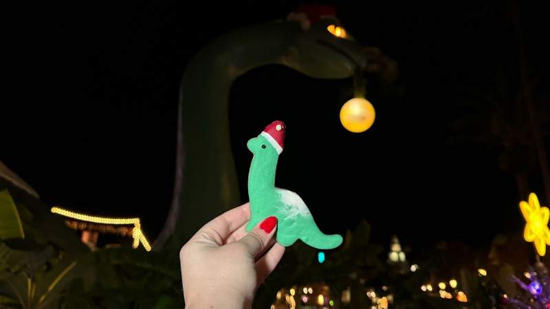 Hand holding dinosaur shaped sugar cookie with green icing