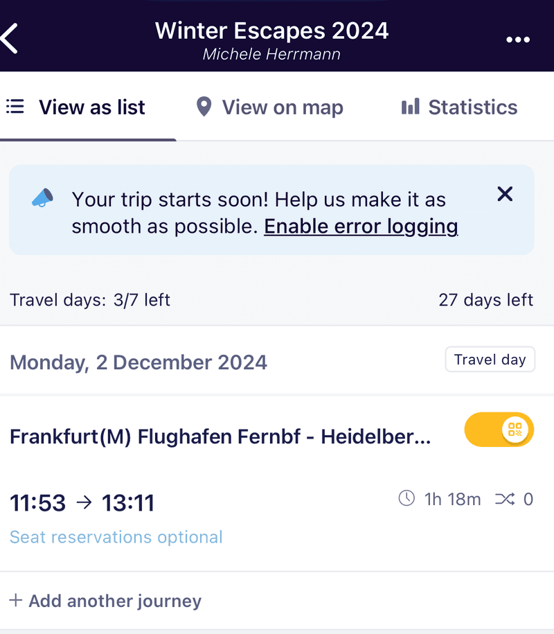 A screenshot of Eurail Pass schedule.