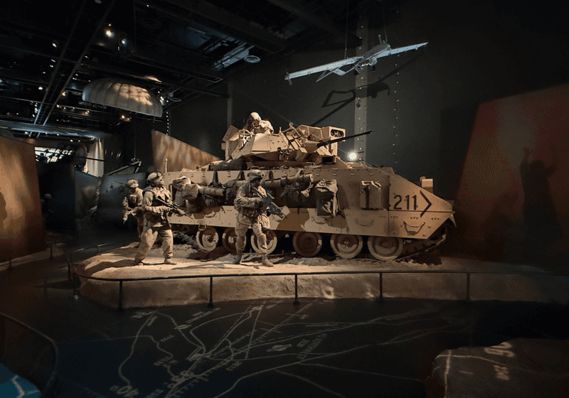 Replica of soldiers and a tank inside the National Infantry Museum.