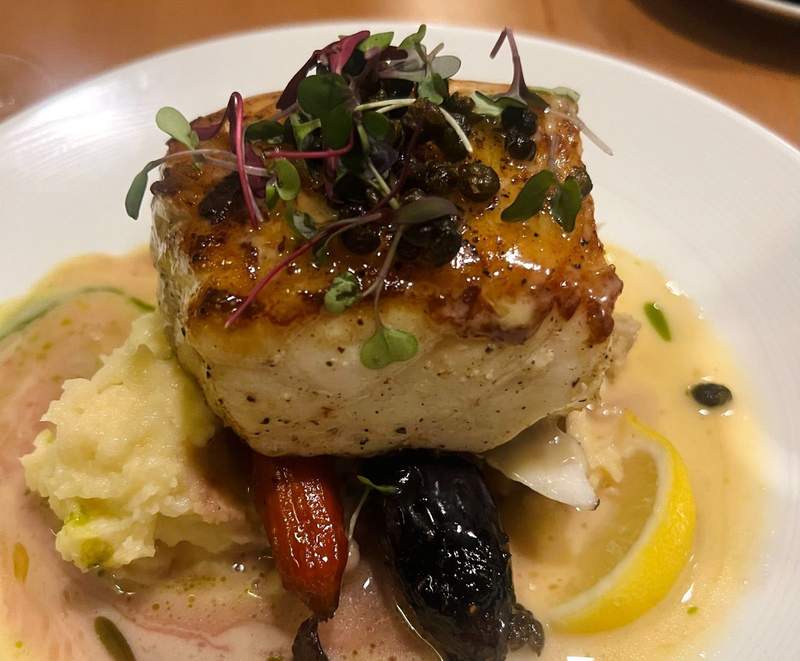 Perfectly seared halibut with mashed potatoes and carrots.