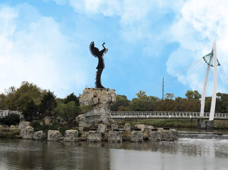Keeper of the Plains Statue in Wichita Kansas on the Kansas Gunsmoke Trail.