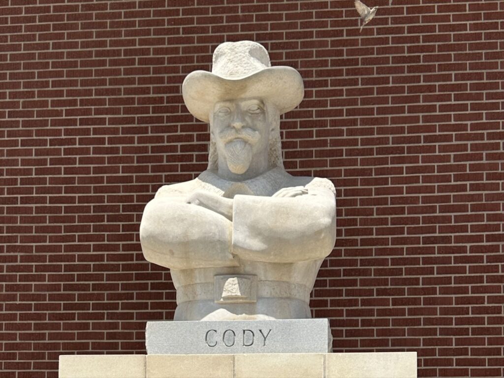 A limestone statue of Buffalo Bill Cody in downtown Hays on the Kansas Gunsmoke Trail.