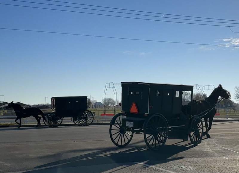 Two black Amish horse drawn buggies each heading a different direction.