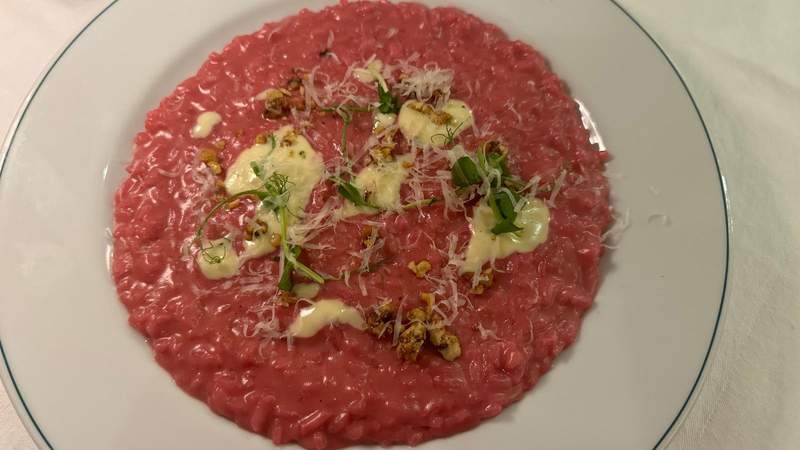white plate of beetroot risotto with dollops of cheese and micro greens