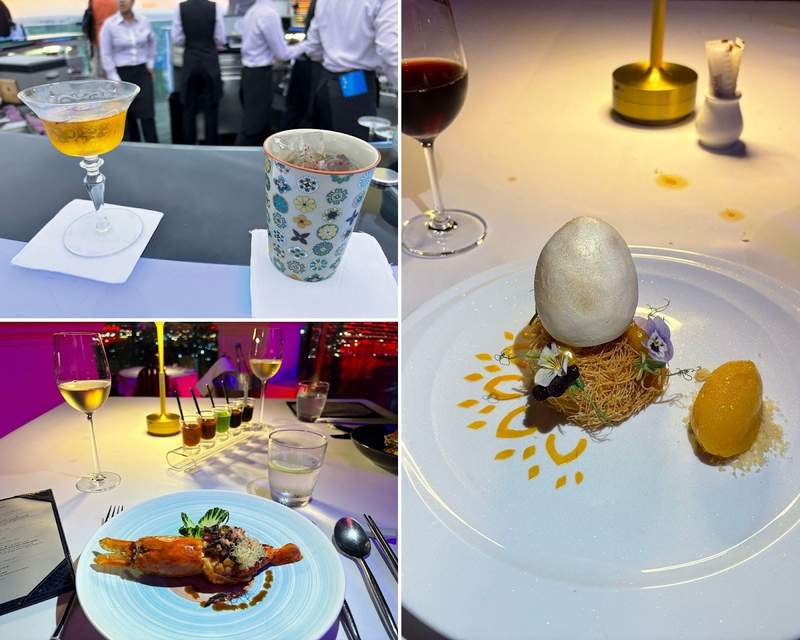 a collage of cocktails a fried prawn with veggies and a white chocolate egg in a nest