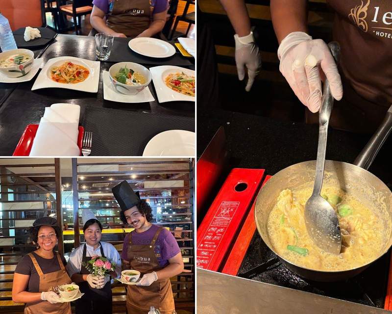 A collage of the author with her partner the chef and partner after completing the cooking course. A photo of all the dishes laid out. A picture of a person cooking curry in a pan.