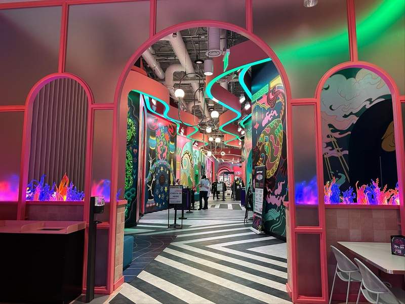 A hallway entrance decorated with vibrant colors.