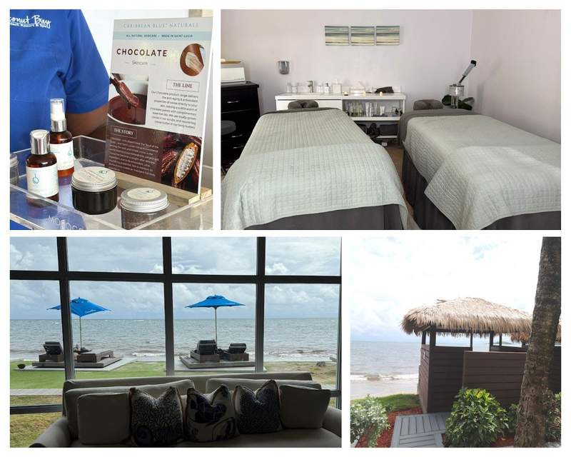 Collage showing the indoor and outdoor treatment rooms and the chocolate skin care products available at the Santctuary Spa at Coconut Bay.