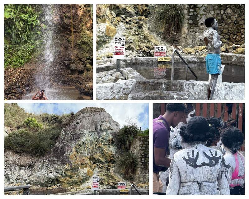 Collage of photos showing a woman underneath a waterfall the hot sulphur springs in St Lucia and people painted in mud at the springs.