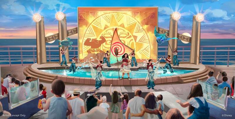 Performers in traditional Hawaiian attire perform the live show Moana Call of the Sea in an open air amphitheater aboard Disney Adventure Disney Cruise Lines newest ship.