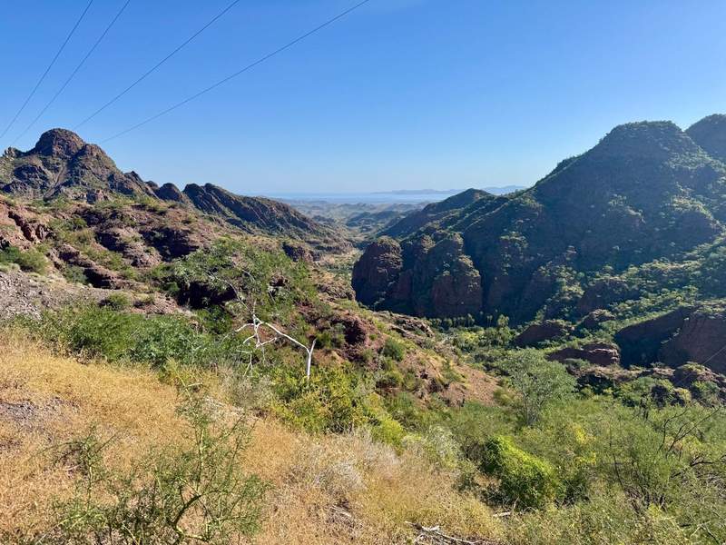 Green brush in mountains with the blue sea in the distance