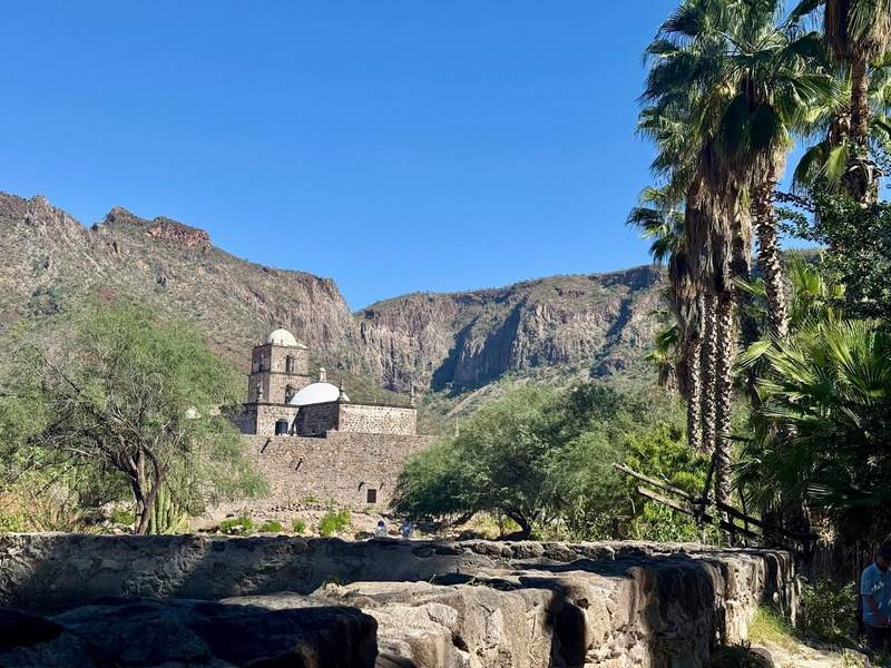 A historic mission built into the mountainside flanked by tall palm trees 