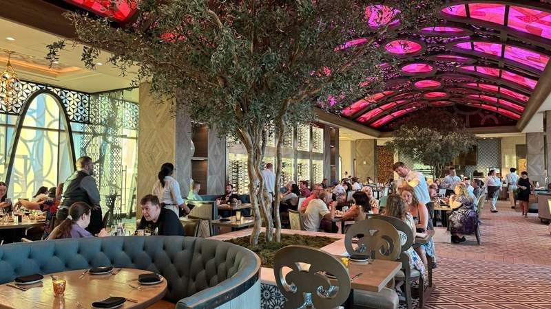 A restaurant with a purple and red lighted ceiling floor to ceiling windows and trees next to wooden tables and chairs.