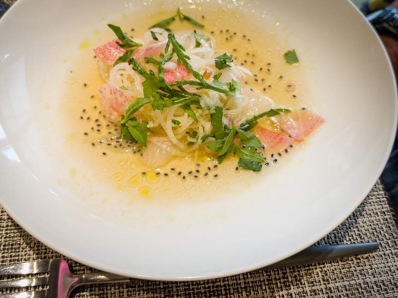 Fresh crudo small plate at Herons the fine dining restaurant at The Umstead Hotel and Spa in Cary NC.