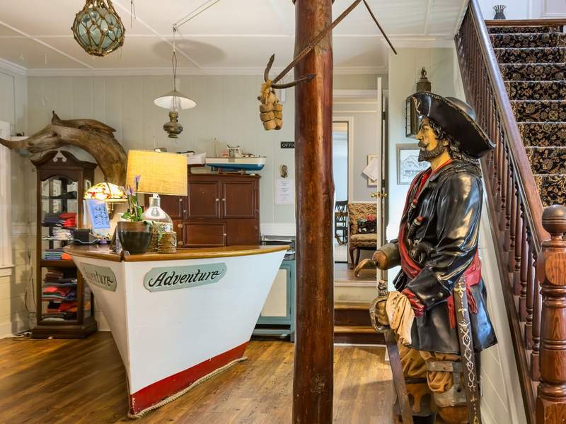 Blackbeards Lodge statue on Ocracoke Island. pirate lore meets Outer Banks history at this classic hotel landmark. 
