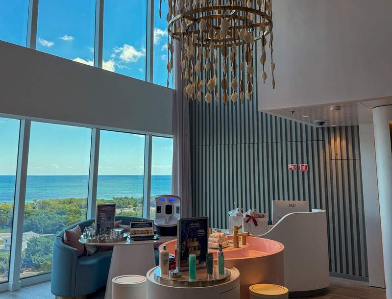 spa products on display in a spa entrance