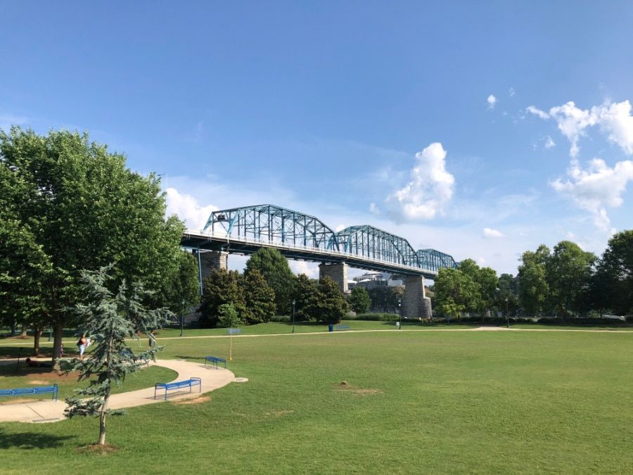A bridge crossing over a park in Chattanooga, one of the best places to visit in Tennessee.