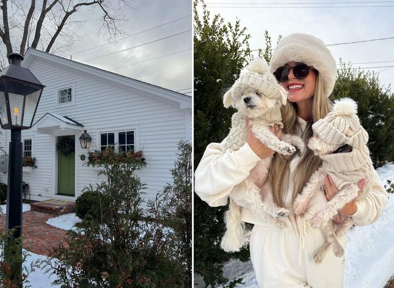 Split image of one of Kent Collections charming cottages in the winter along with a woman holding her puppies on property in the snow.