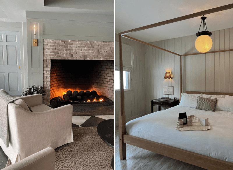 Split image of The Litchfield Inns fireplace and one of the inns bespoke rooms.