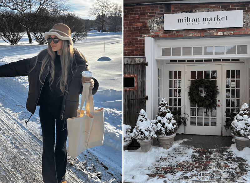 Split image of woman walking down a snowy lane and the exterior of Milton Market in downtown Litchfield CT