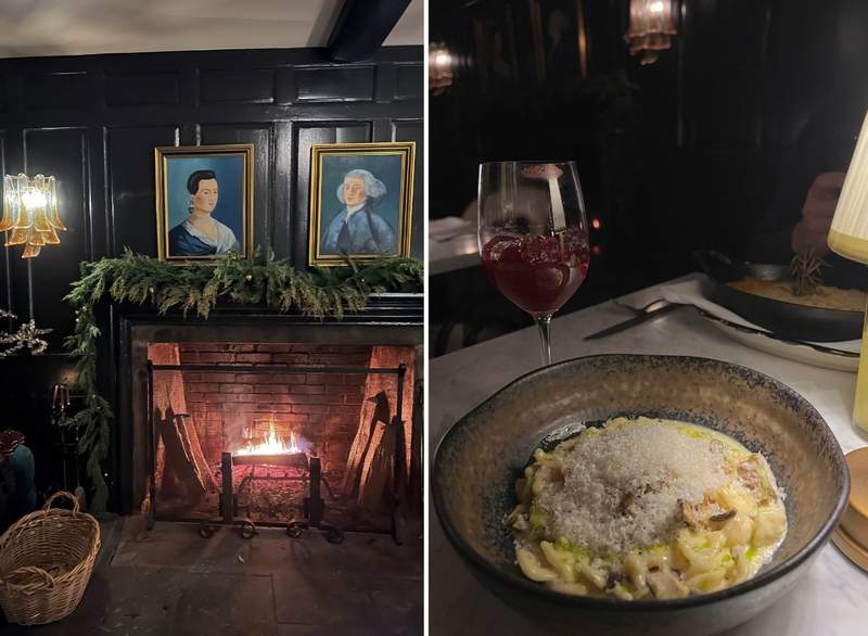 Split image of Lost Fox Inns roaring fireplace in the tavern and a pasta dinner on the table. 