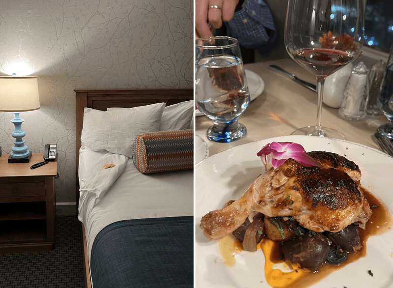 Split image of a bedroom at the Norwich Inn and a chicken dinner at the inns restaurant.