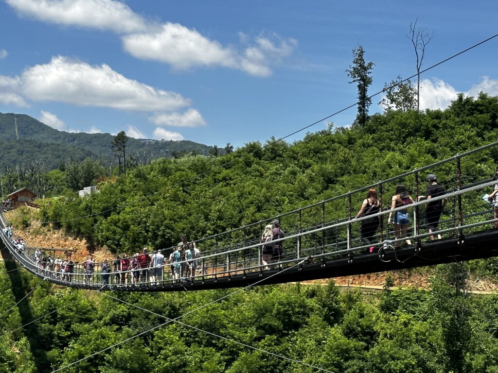 People walking across the skybridge in Gatlinburg Tennessee