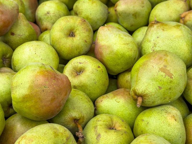 Close up of green pears in a bin.