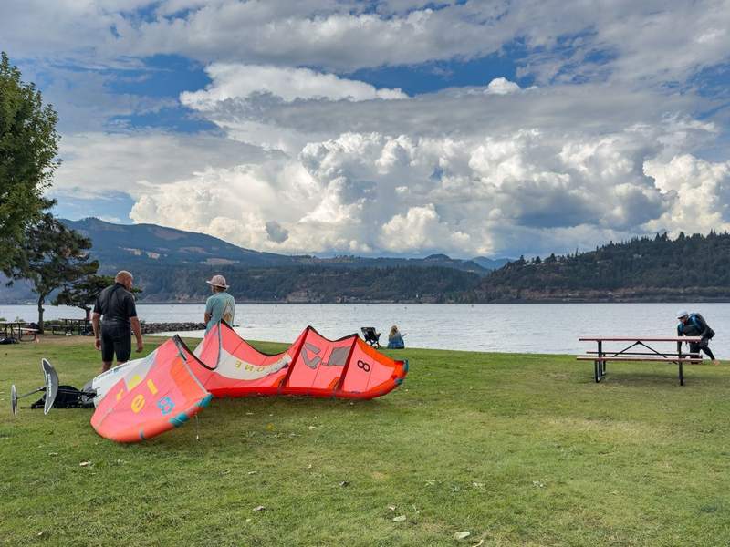 Windsurfing gear on the grass at Waterfront Park 