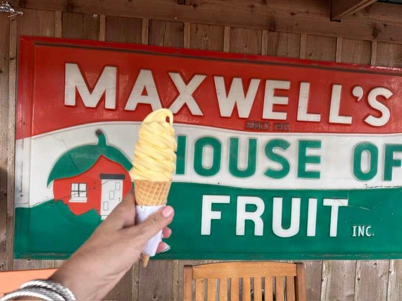 soft serve ice cream in front of Maxwells House of Fruit sign
