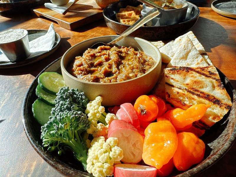 Veggies and pita bread with a bowl of dip.