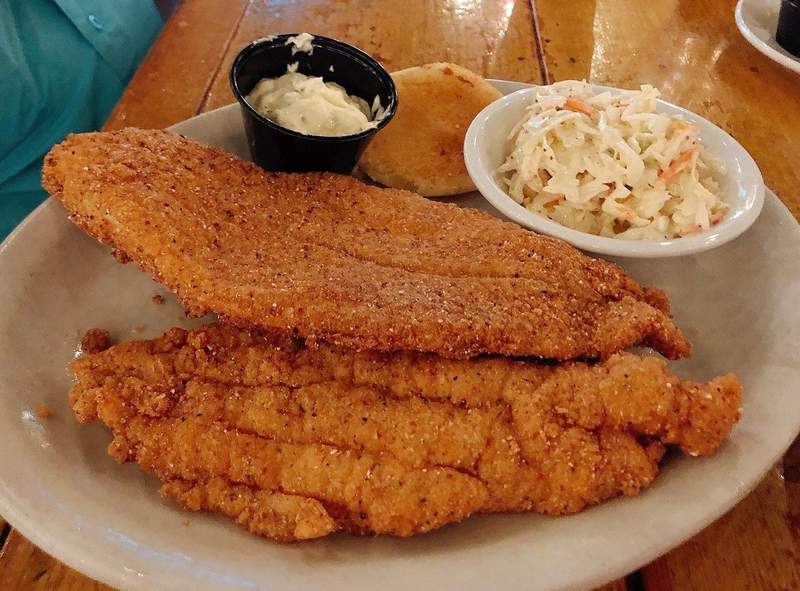 A plate with fish and coleslaw.