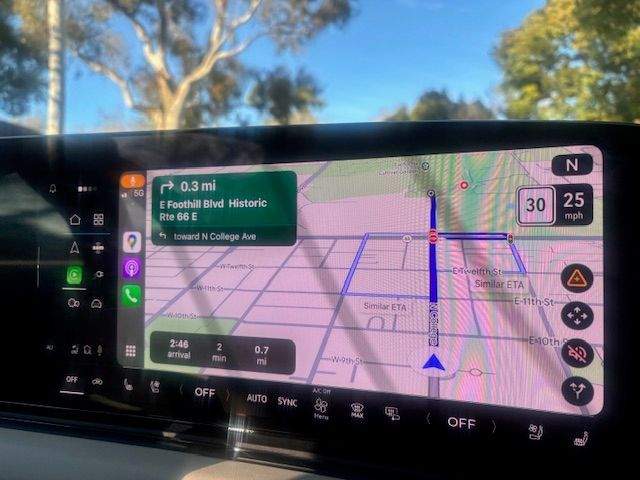 The GPS in the Audi shows we're driving on Route 66.