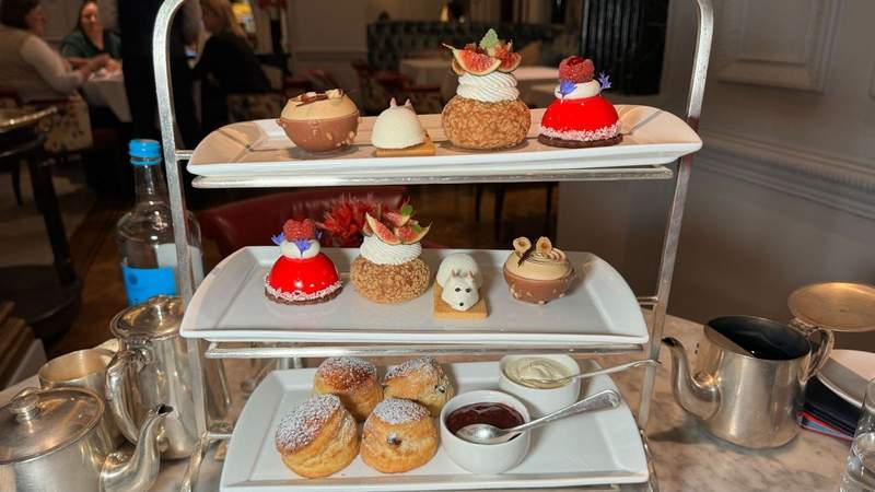 Pastries on a tray as part of the Childrens Afternoon Tea at The Stafford London. 