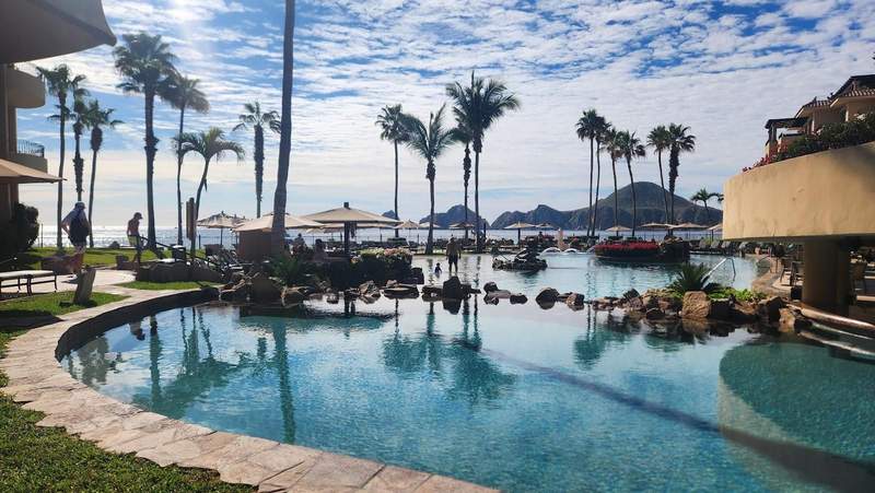 Pool with El Arco in the distance at Villa La Estancia Resort and Spa in Cabo San Lucas.