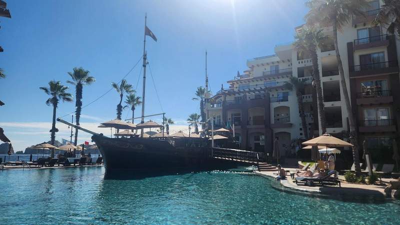 Pirate ship structure in a pool.