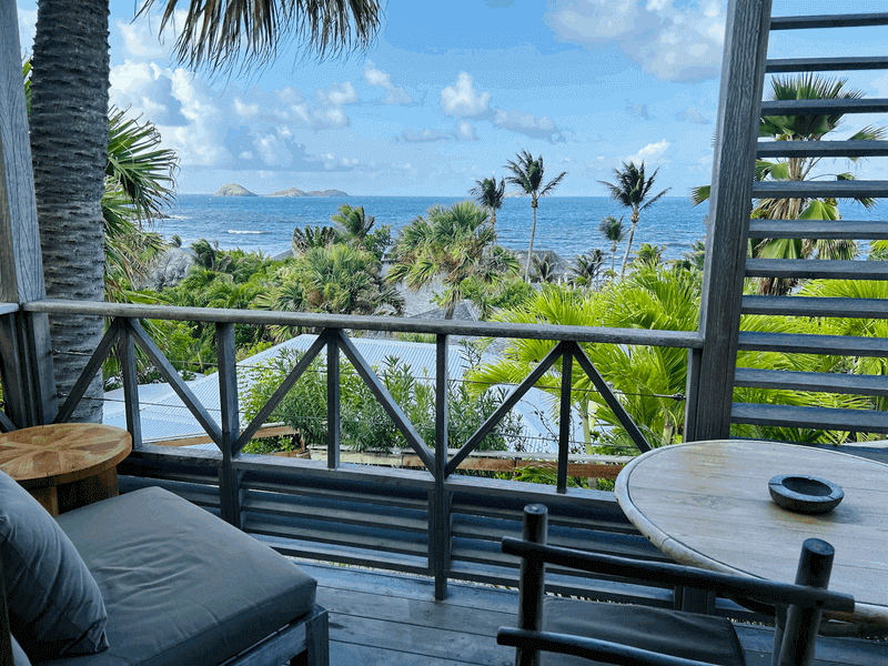 Beautiful sprawling balcony at Hotel Manapany with view of palm trees and ocean