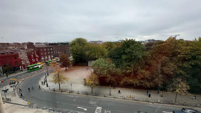 trees and the corner of a street with light posts and people walking buy in Dublin outside of The Shelbourne