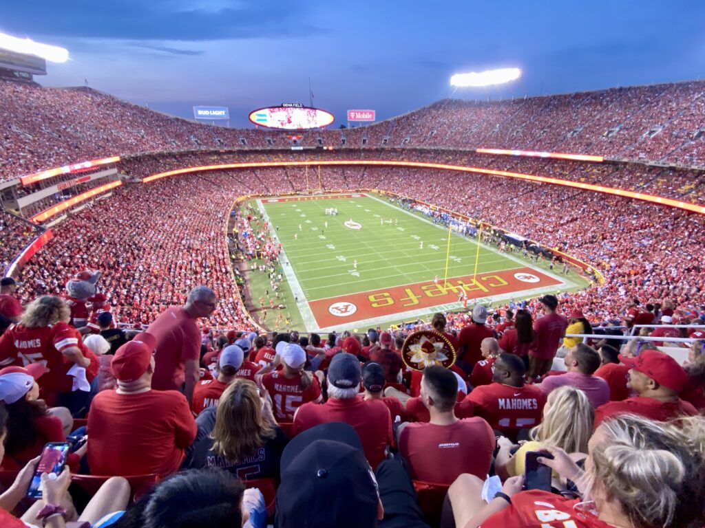 Home game crowd dressed in red at Arrowhead Stadium in Kansas City.