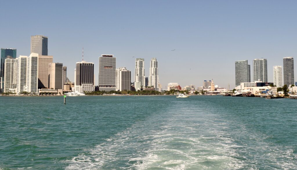 View of Miami skyline from Biscayne Bay on a sightseeing boat trip.