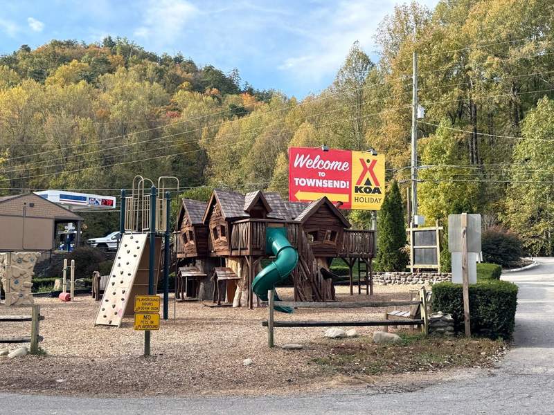 The playground and main entrance to the Townsend Great Smokies KOA Holiday.