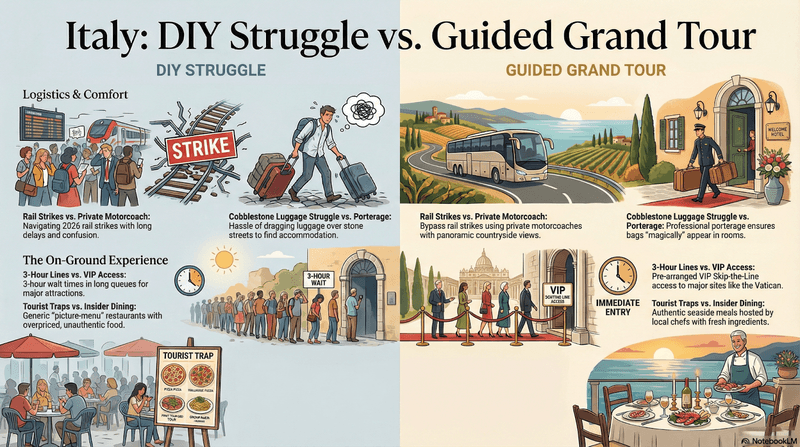 Infographic comparing private DIY travel to the conveniences of traveling with a tour operatory