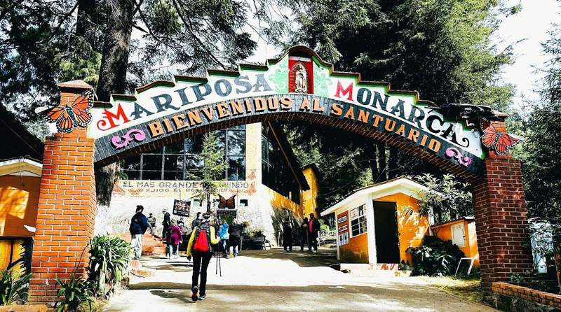 Visitors entering El Rosario monarch sanctuary in Mexico.