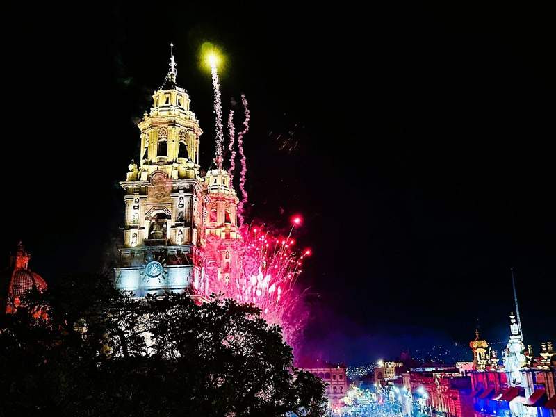 Fireworks light up the Morelia cathedral.