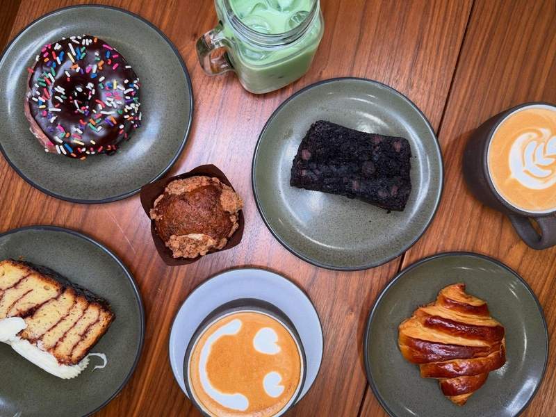 Gluten free breakfast pastries and coffee on a table at Modern Bread and Bagel in New York City