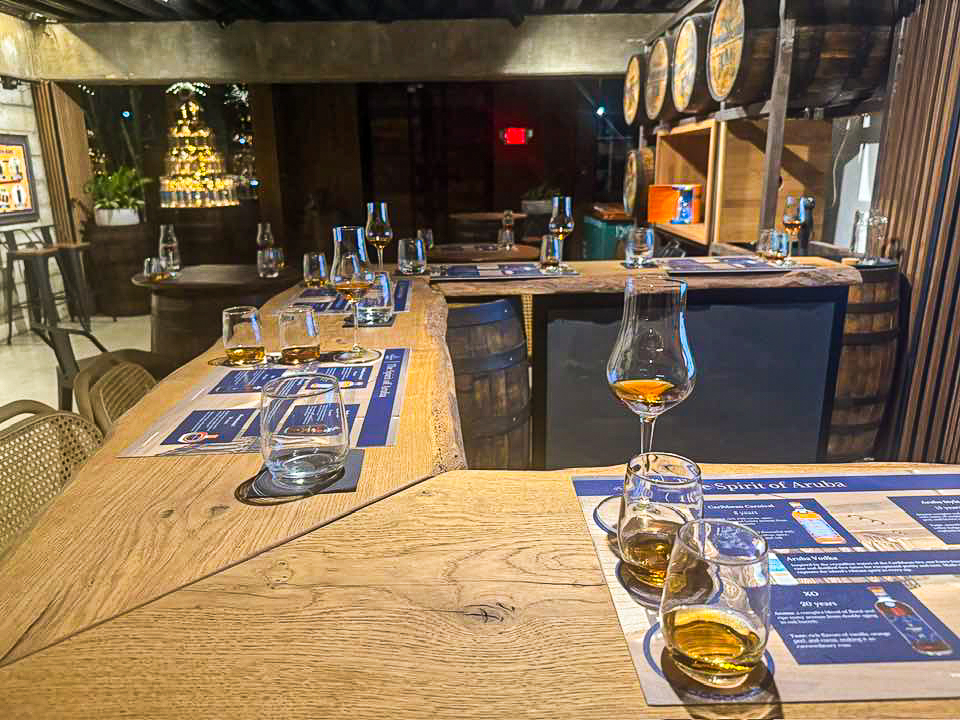 Rum tasting flight with glasses on table in Aruba.